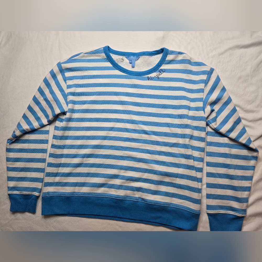 Draper James Kelsea Awning Stripe Blue Sweatshirt Embroidered Collar Hey Y'all